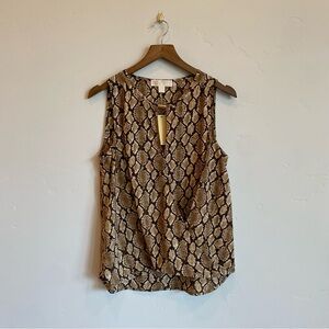 MICHAEL KORS Dark Camel Snake Skin Print Sleeveless Cross Front Blouse